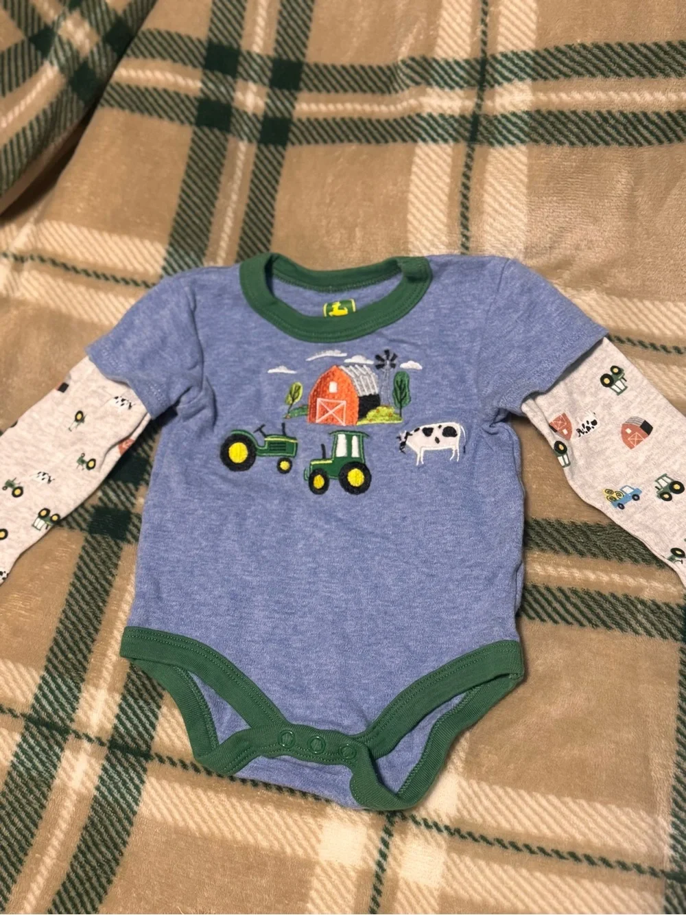 John Deere Blue & Green Tractor Farm Baby Bodysuit
